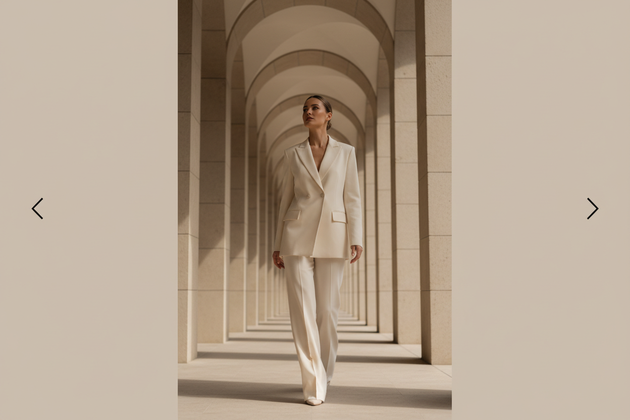 A confident woman in a tailored suit walking through a minimalist, light-filled space. She’s mid-stride, gaze lifted, posture strong — captured in soft natural light with architectural elements like arches or columns in the background. The palette is neutral: warm beige, soft ivory, and muted stone. The composition leaves space on either side for overlay text and navigation arrows.