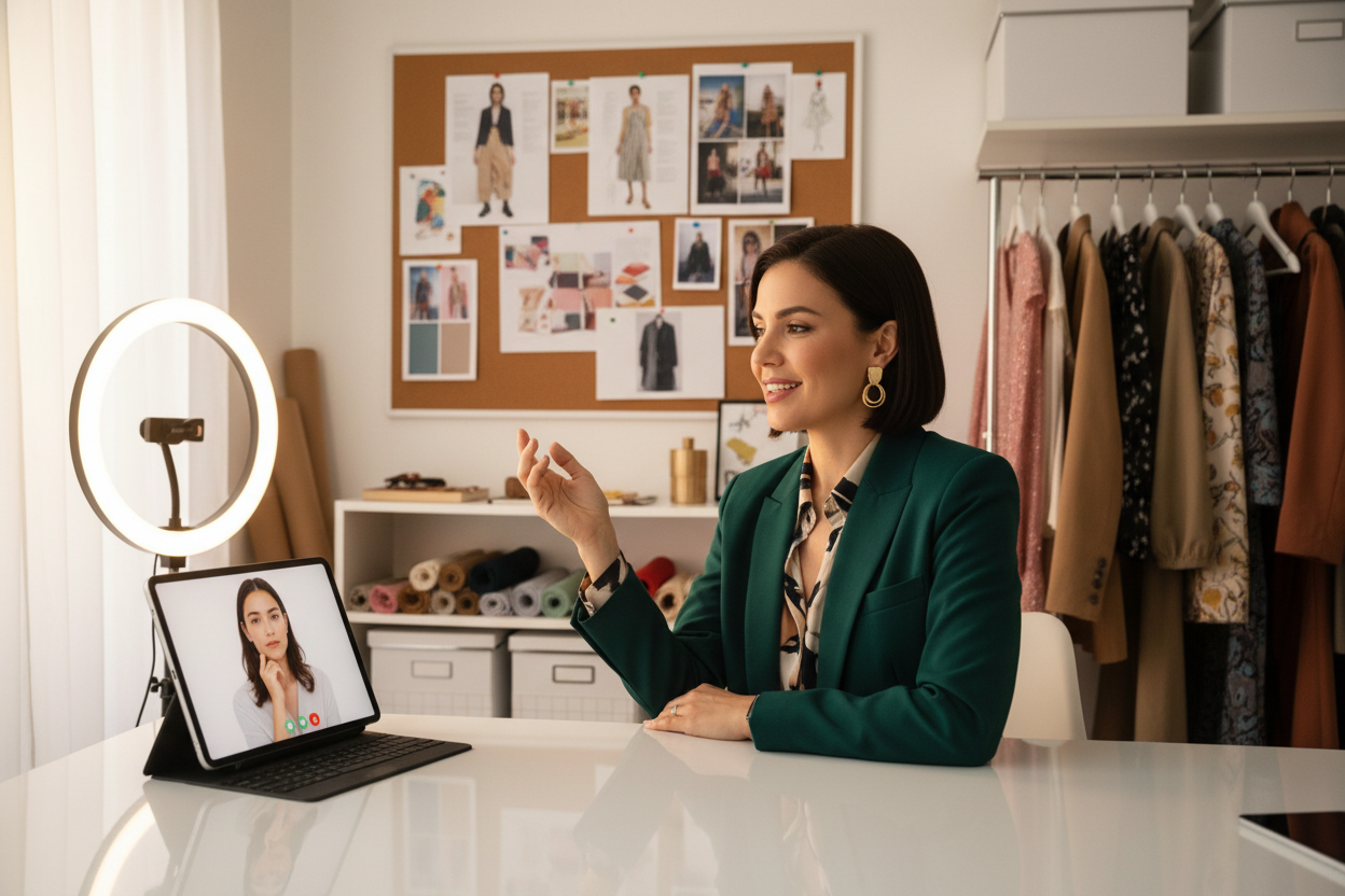 Create a stylist who is holding a virtual consultation for a fashion client 