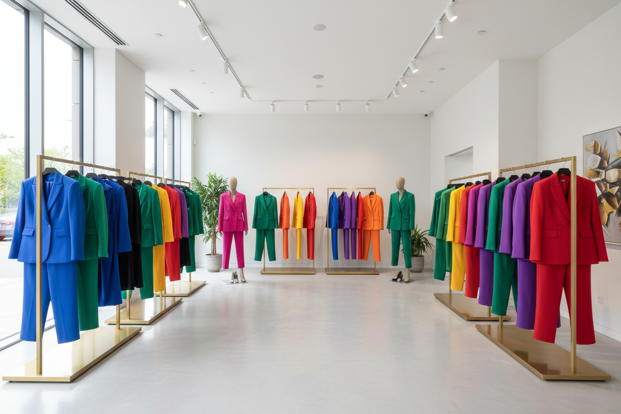 PLease make the suits more bold and vibrant colors as this a fashion forward suit company that we want to display the suits in a modern store setting for women