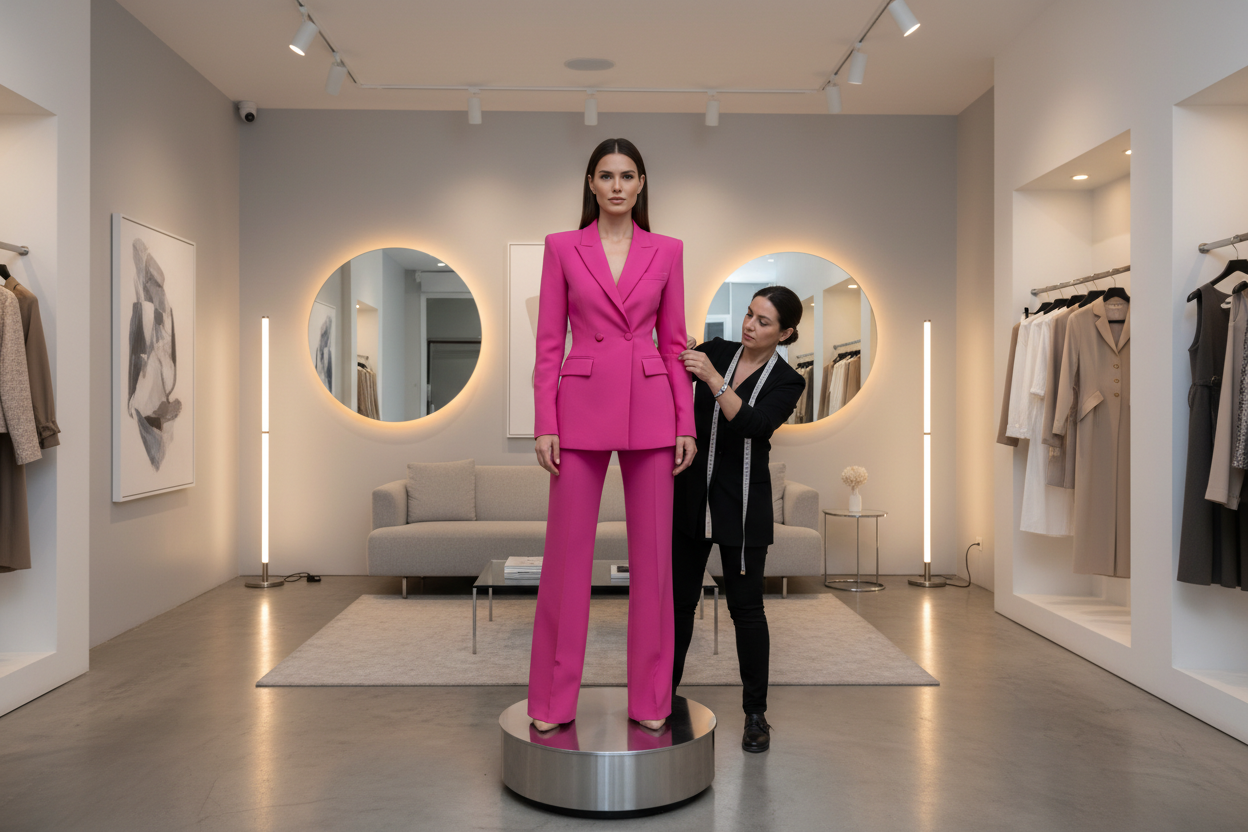 Woman at a boutique fitting on her hot pink pantsuit by a tailor. The shop is modern and the suit is fashion forward for a leading lady